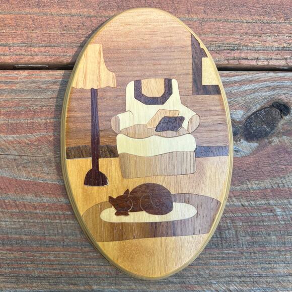 Vintage 90s Round Mountain Woodworks Cat Inlay Wall Art 6x3.5 Handmade Wood Oval - Picture 11 of 11